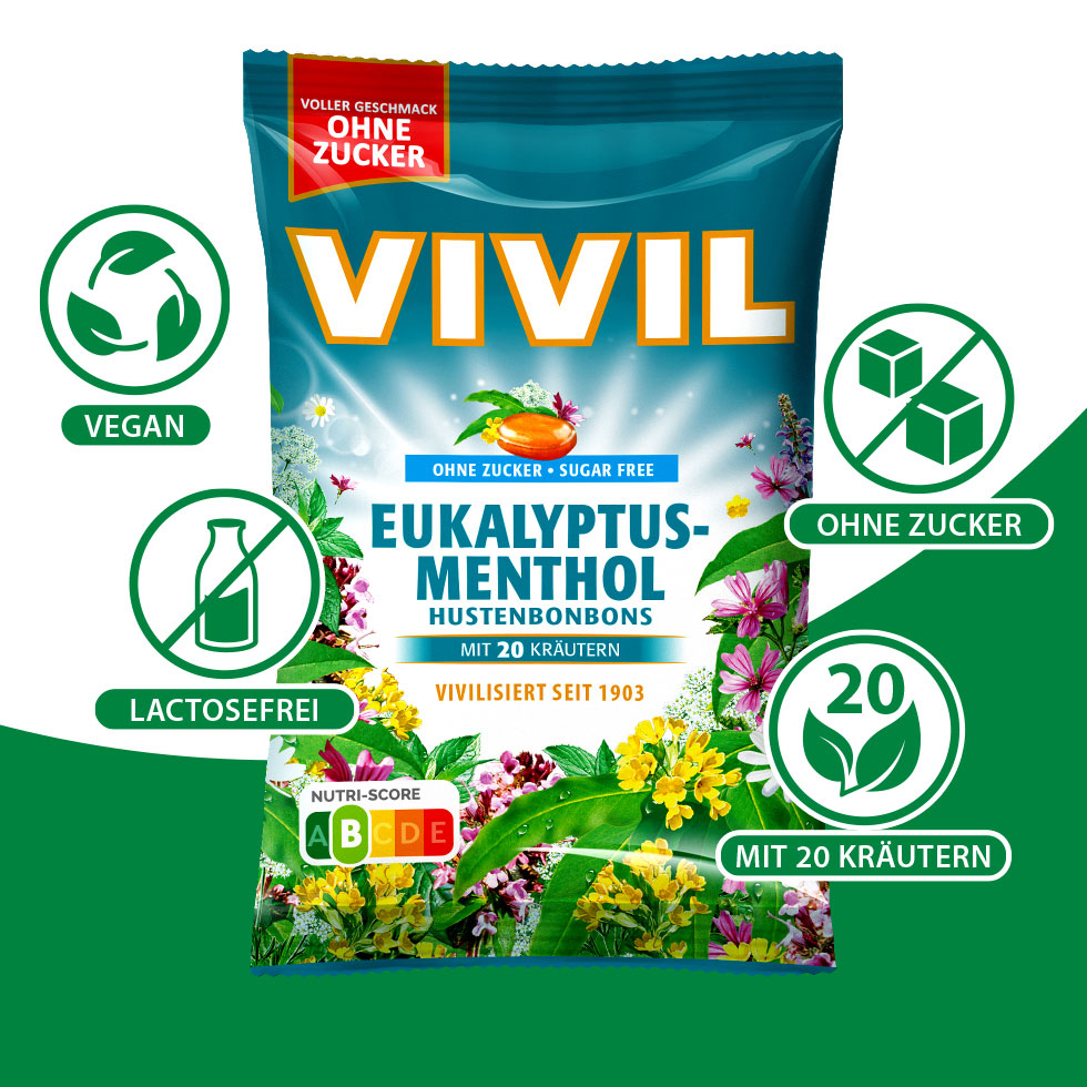 VIVIL Eukalyptus-Menthol Hustenbonbons ohne Zucker | 120g VIVIL Eukalyptus-Menthol Hustenbonbons ohne Zucker | 120g
