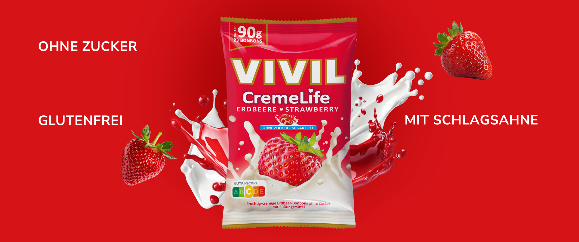Produktinszenierung Creme Life Erdbeere mit Milchsplash und Auslobung der Produktbenefits