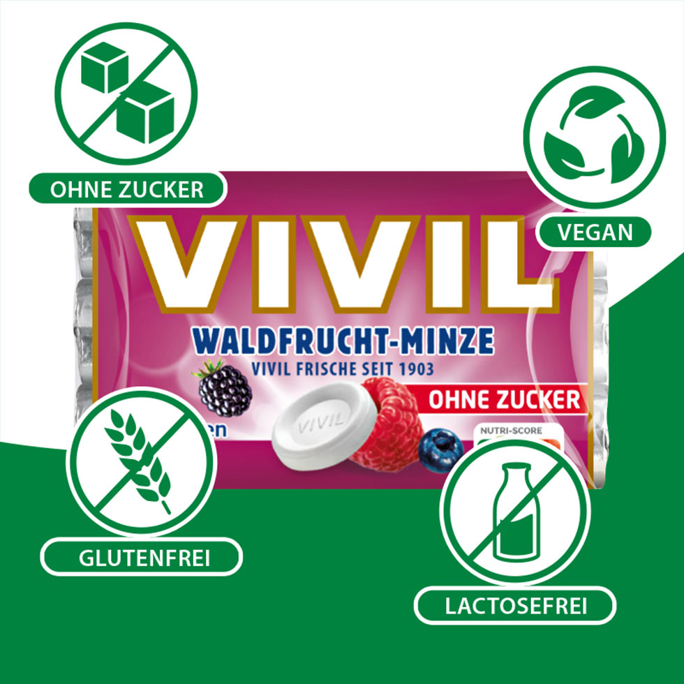 VIVIL Waldfrucht-Minze Pastille ohne Zucker | 20 x 3er Pack