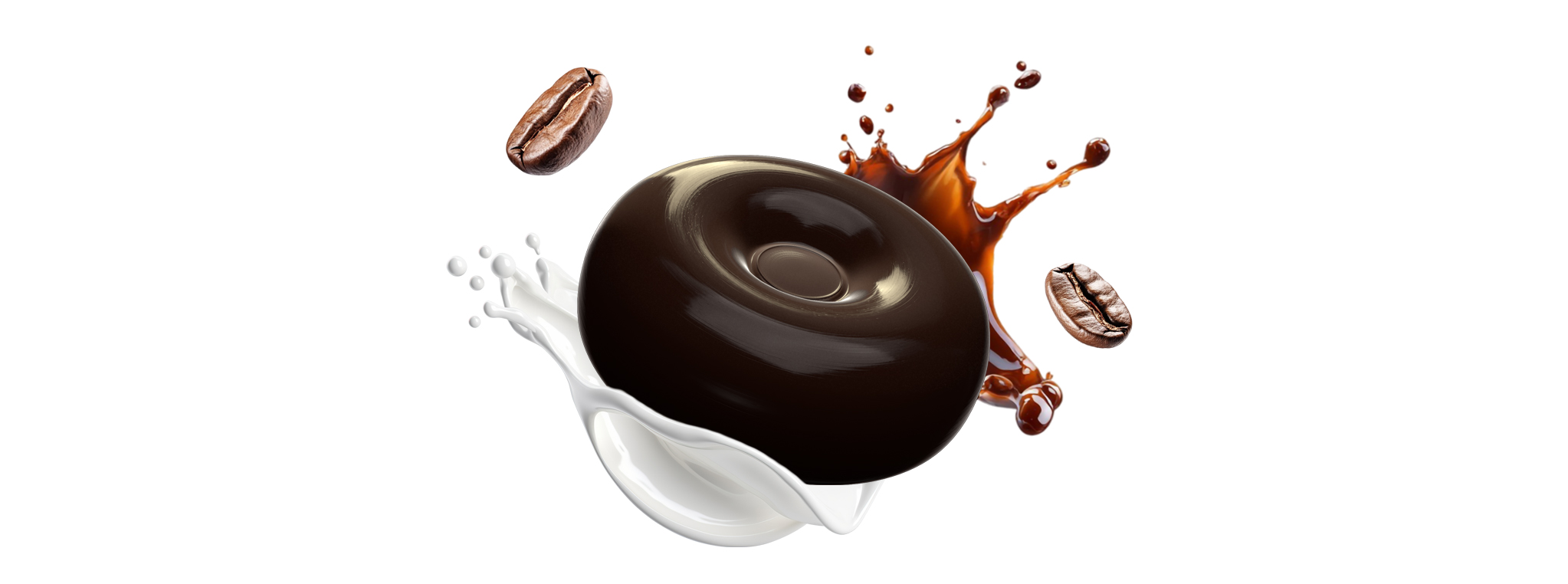 Dunkles, rundes Sahnebonbon mit Kaffeebohnen, Kaffee- & Milchsplash
