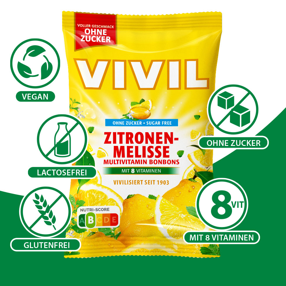 VIVIL Zitronenmelisse Multivitaminbonbons ohne Zucker | 120g VIVIL Zitronenmelisse Multivitaminbonbons ohne Zucker | 120g