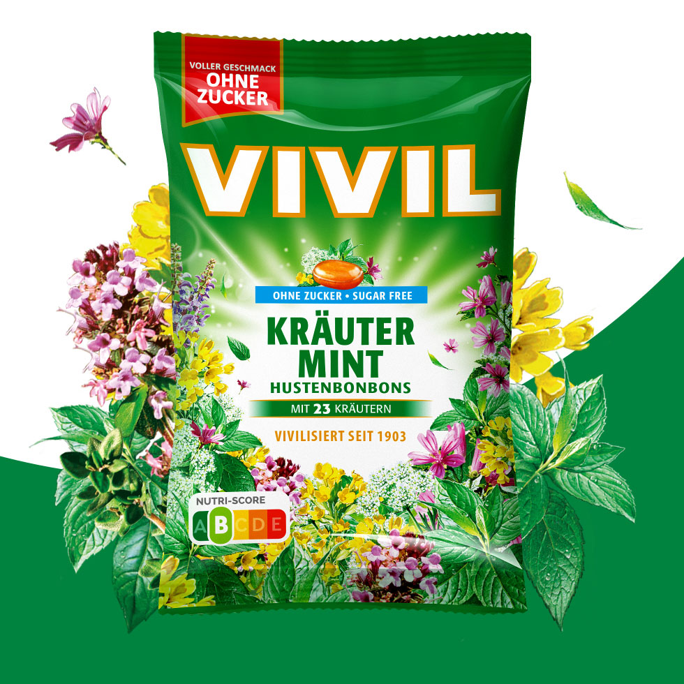 VIVIL Kräuter-Mint Hustenbonbons ohne Zucker | 15 Beutel
