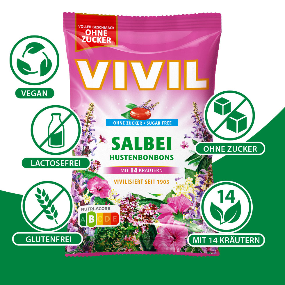 VIVIL Salbei Hustenbonbons ohne Zucker | 15 Beutel VIVIL Salbei Hustenbonbons ohne Zucker | 15 Beutel