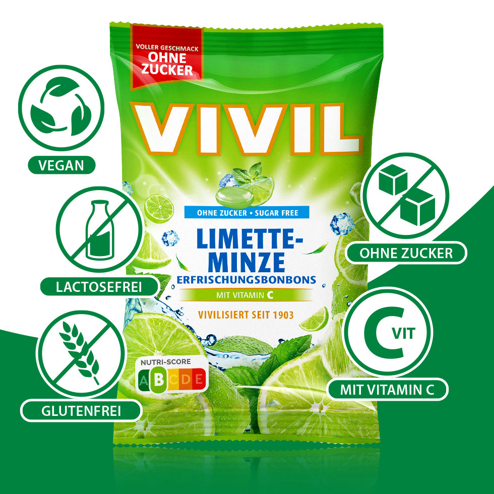 VIVIL Limette-Minze Erfrischungsbonbons ohne Zucker | 120g VIVIL Limette-Minze Erfrischungsbonbons ohne Zucker | 120g