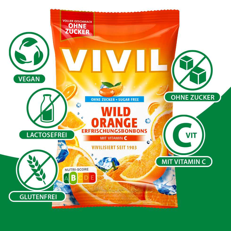 VIVIL Wild Orange Erfrischungsbonbons ohne Zucker | 120g VIVIL Wild Orange Erfrischungsbonbons ohne Zucker | 120g