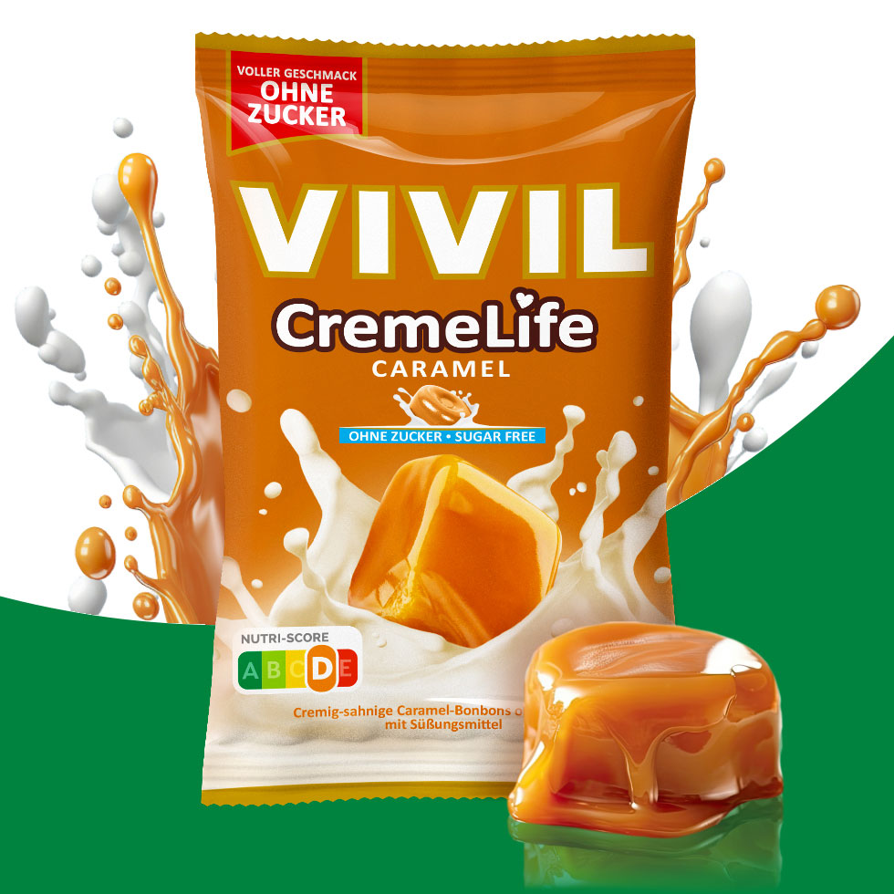 VIVIL Creme Life Caramel Bonbonverpackung mit Zutaten