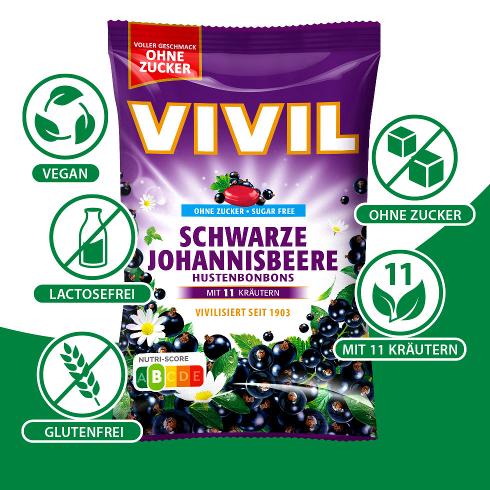 VIVIL Schwarze Johannisbeere Hustenbonbons ohne Zucker | 120g VIVIL Schwarze Johannisbeere Hustenbonbons ohne Zucker | 120g