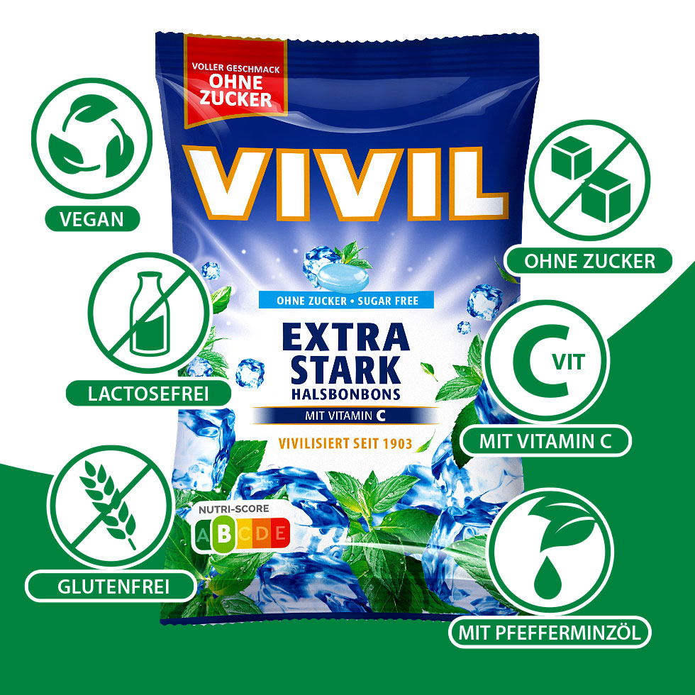 VIVIL Extra Stark Halsbonbons ohne Zucker | 120g VIVIL Extra Stark Halsbonbons ohne Zucker | 120g