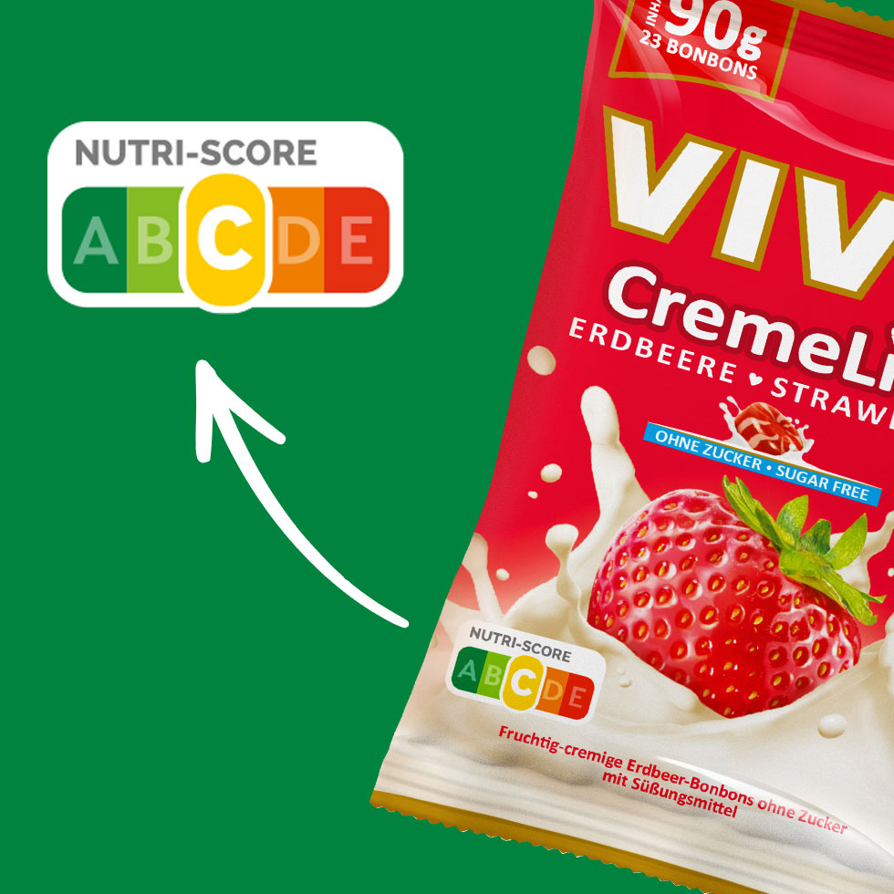 VIVIL Creme Life Erdbeere Bonbonverpackung mit Nutriscoreangabe VIVIL Creme Life Erdbeere Bonbonverpackung mit Nutriscoreangabe