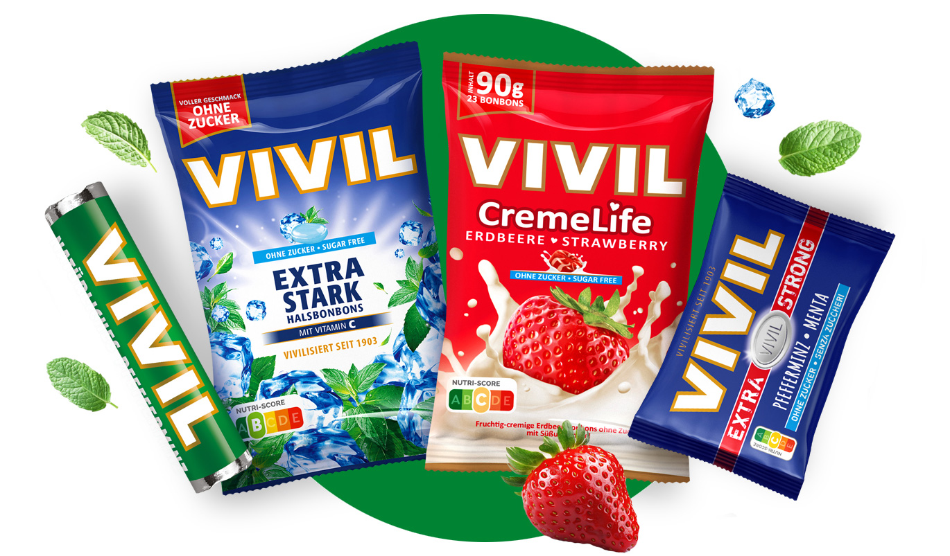 Vivivl Bonbons Lineup auf grünem Hintergrund