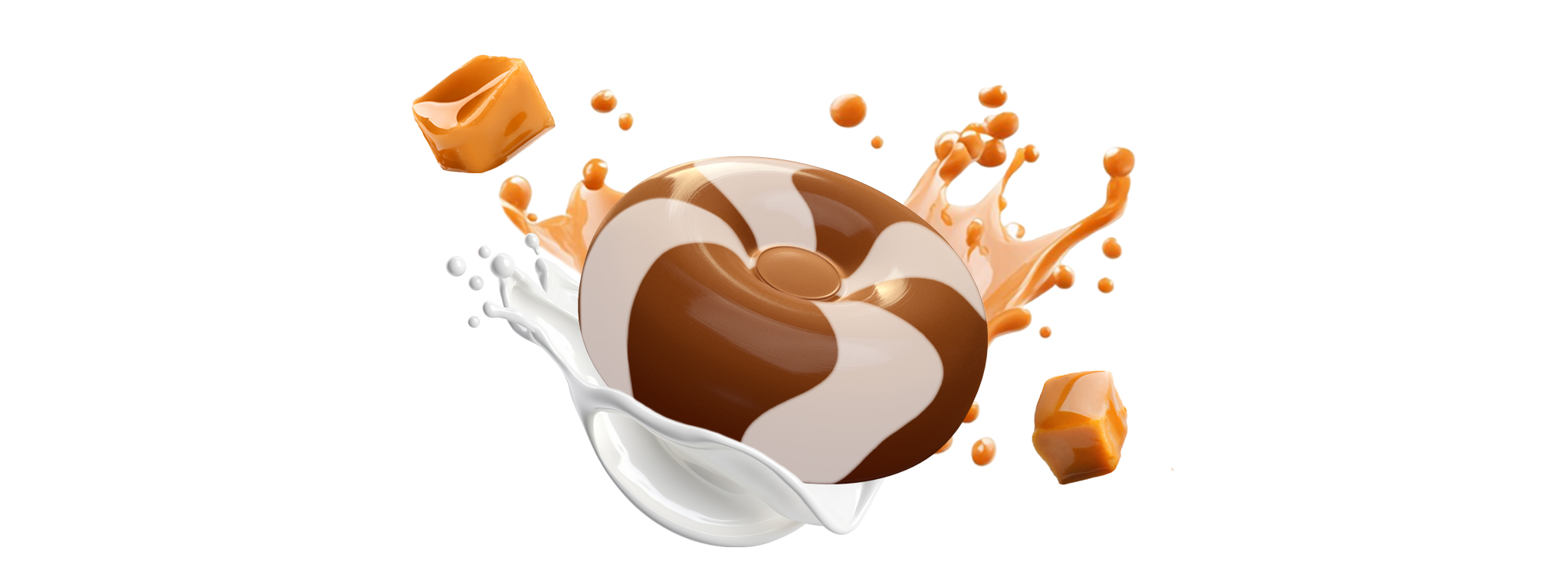 braun-weiß gestreiftes, rundes Sahnebonbon mit Karamellstücken und Milchsplash braun-weiß gestreiftes, rundes Sahnebonbon mit Karamellstücken und Milchsplash