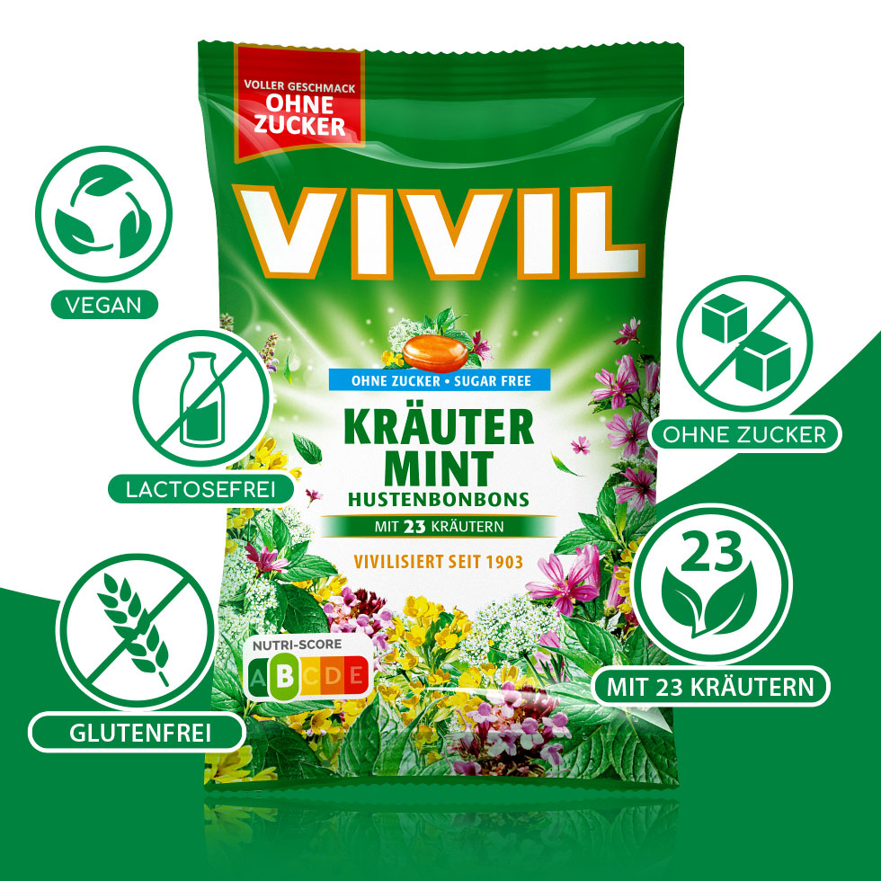 VIVIL Kräuter-Mint Hustenbonbons ohne Zucker | 15 Beutel