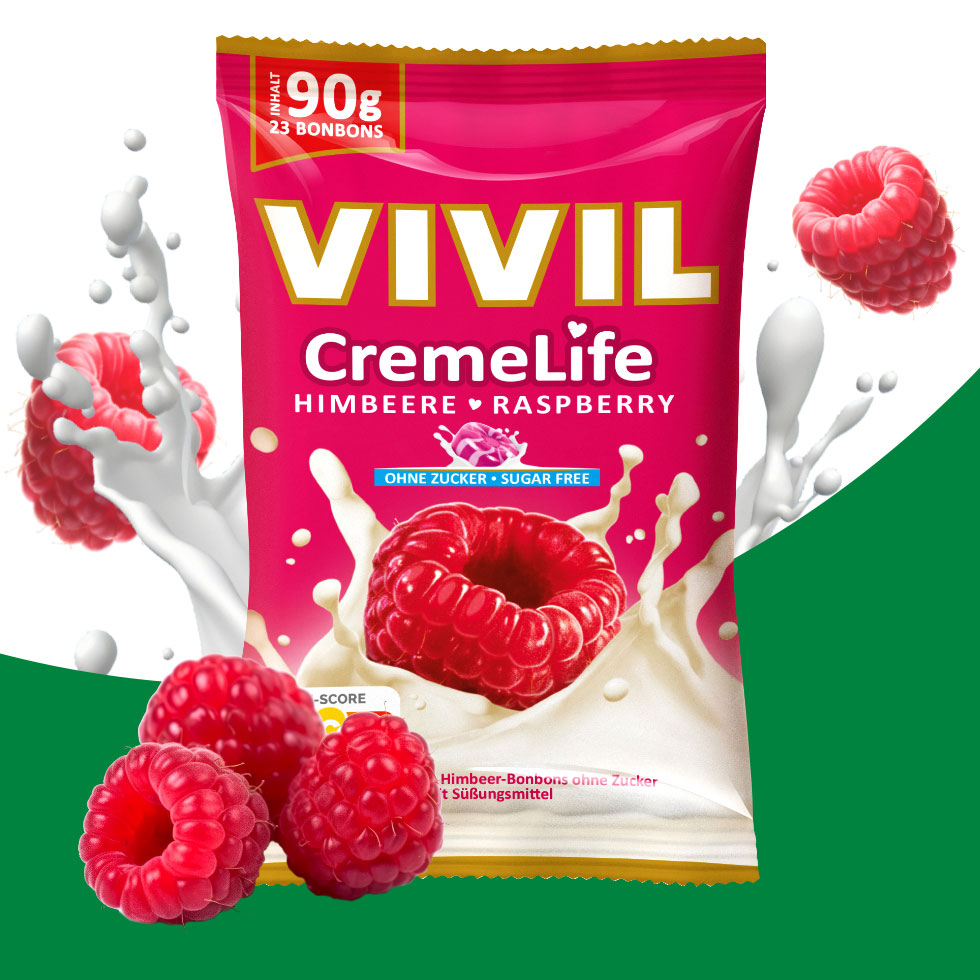 VIVIL Creme Life Himbeere Bonbonverpackung mit Zutaten VIVIL Creme Life Himbeere Bonbonverpackung mit Zutaten