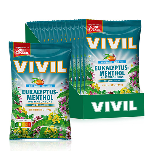 VIVIL Eukalyptus-Menthol Hustenbonbons ohne Zucker | 15 Beutel VIVIL Eukalyptus-Menthol Hustenbonbons ohne Zucker | 15 Beutel